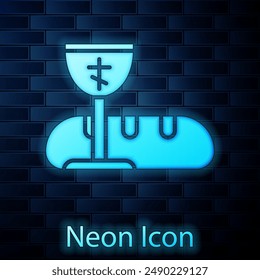 Glowing neon First communion symbols for a nice invitation icon isolated on brick wall background.  Vector Illustration