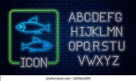 Glowing neon Fish icon isolated on brick wall background. Neon light alphabet. Vector Illustration