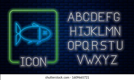 Glowing neon Fish icon isolated on brick wall background. Neon light alphabet. Vector Illustration