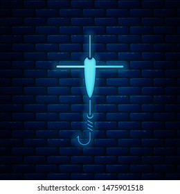 Glowing neon Fishing hook and float icon isolated on brick wall background. Fishing tackle.  Vector Illustration