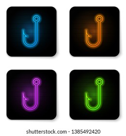 Glowing neon Fishing hook icon isolated on white background. Black square button. Vector Illustration