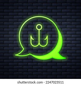 Glowing neon Fishing hook icon isolated on brick wall background. Fishing tackle.  Vector