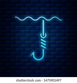 Glowing neon Fishing hook under water icon isolated on brick wall background. Fishing tackle.  Vector Illustration