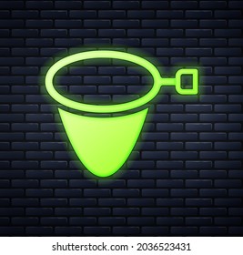 Glowing neon Fishing net icon isolated on brick wall background. Fishing tackle.  Vector