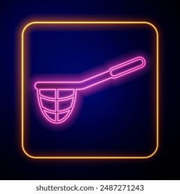 Glowing neon Fishing net icon isolated on black background. Fishing tackle.  Vector