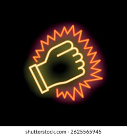 Glowing neon fist punching with impact effect on black background