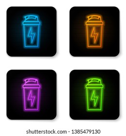 Glowing neon Fitness shaker icon isolated on white background. Sports shaker bottle with lid for water and protein cocktails. Black square button. Vector Illustration