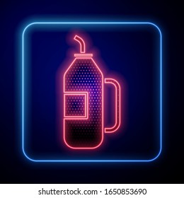 Glowing neon Fitness shaker icon isolated on blue background. Sports shaker bottle with lid for water and protein cocktails.  Vector Illustration