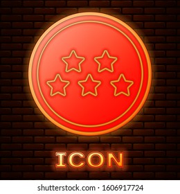 Glowing neon Five stars customer product rating review icon isolated on brick wall background. Favorite, best rating, award symbol.  Vector Illustration