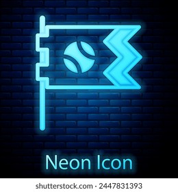 Glowing neon Flag with baseball ball icon isolated on brick wall background.  Vector