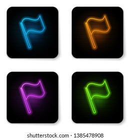 Glowing neon Flag icon isolated on white background. Black square button. Vector Illustration