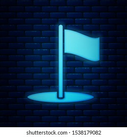 Glowing neon Flag icon isolated on brick wall background. Location marker symbol.  Vector Illustration