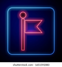 Icono de bandera de neón brillante aislado en fondo azul. Símbolo de marcador de posición.  Ilustración vectorial