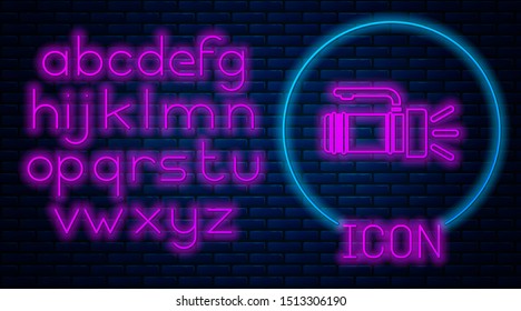 Glowing neon Flashlight icon isolated on brick wall background. Tourist flashlight handle. Neon light alphabet. Vector Illustration
