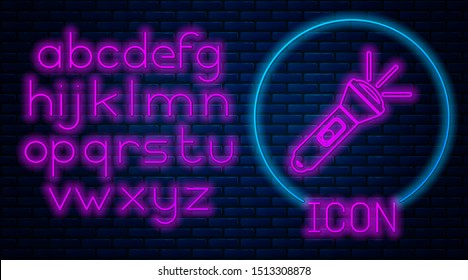 Glowing neon Flashlight icon isolated on brick wall background. Neon light alphabet. Vector Illustration