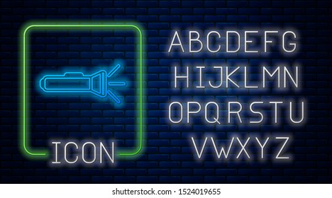 Glowing neon Flashlight icon isolated on brick wall background. Neon light alphabet. Vector Illustration