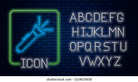 Glowing neon Flashlight icon isolated on brick wall background. Neon light alphabet. Vector Illustration