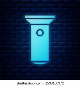 Glowing neon Flashlight icon isolated on brick wall background.  Vector Illustration