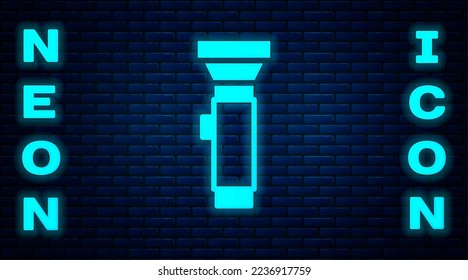 Glowing neon Flashlight icon isolated on brick wall background.  Vector