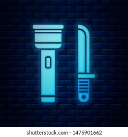 Glowing neon Flashlight and knife icon isolated on brick wall background.  Vector Illustration