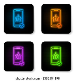 Glowing neon Flight mode in the mobile phone icon isolated on white background. Airplane or aeroplane flight offline mode passenger regulation airline . Black square button. Vector Illustration
