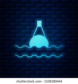 Glowing neon Floating buoy on the sea icon isolated on brick wall background.  Vector Illustration