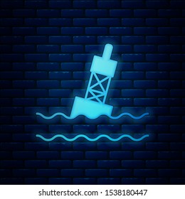 Glowing neon Floating buoy on the sea icon isolated on brick wall background.  Vector Illustration