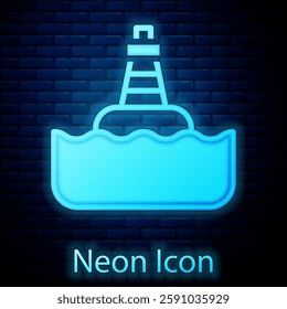 Glowing neon Floating buoy on the sea icon isolated on brick wall background.  Vector