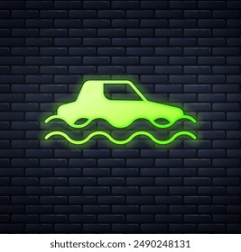 Glowing neon Flood car icon isolated on brick wall background. Insurance concept. Flood disaster concept. Security, safety, protection, protect concept.  Vector