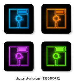 Glowing neon Floppy disk in the 5.25-inch icon isolated on white background. Floppy disk for computer data storage. Diskette sign. Black square button. Vector Illustration