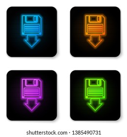 Glowing neon Floppy disk backup icon isolated on white background. Diskette sign. Black square button. Vector Illustration
