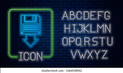 Glowing neon Floppy disk backup icon isolated on brick wall background. Diskette sign. Neon light alphabet. Vector Illustration