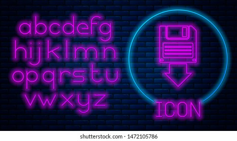 Glowing neon Floppy disk backup icon isolated on brick wall background. Diskette sign. Neon light alphabet. Vector Illustration