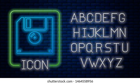 Glowing neon Floppy disk for computer data storage icon isolated on brick wall background. Diskette sign. Neon light alphabet. Vector Illustration