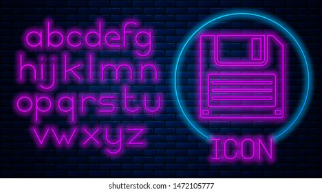 Glowing neon Floppy disk for computer data storage icon isolated on brick wall background. Diskette sign. Neon light alphabet. Vector Illustration