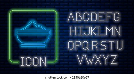 Glowing neon Flour bowl icon isolated on brick wall background. Baking Ingredients. Healthy organic food. Kitchen utensils cup. Dough cooking. Neon light alphabet. Vector