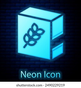 Icono de paquete de harina de neón brillante aislado sobre fondo de pared de ladrillo.  Vector