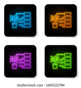 Glowing neon Flower analysis icon isolated on white background. Black square button. Vector Illustration