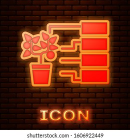 Glowing neon Flower analysis icon isolated on brick wall background.  Vector Illustration