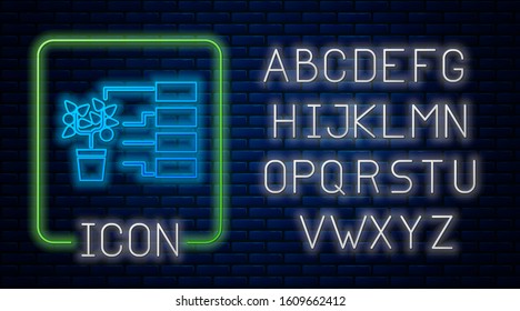 Glowing neon Flower analysis icon isolated on brick wall background. Neon light alphabet. Vector Illustration
