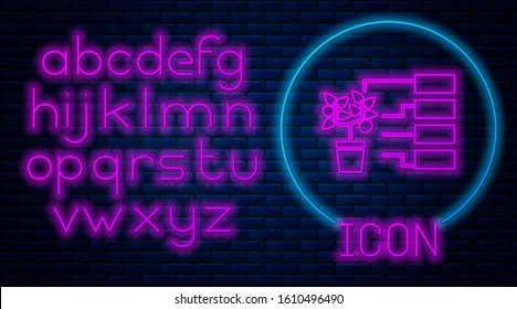 Glowing neon Flower analysis icon isolated on brick wall background. Neon light alphabet. Vector Illustration