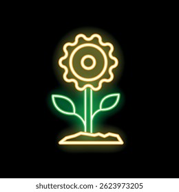 Glowing neon flower with gear petals growing from ground, representing the concept of eco friendly technology