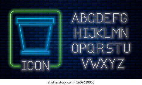 Glowing neon Flower pot icon isolated on brick wall background. Neon light alphabet. Vector Illustration