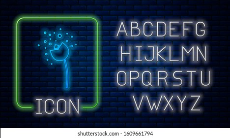 Glowing neon Flower producing pollen in atmosphere icon isolated on brick wall background. Neon light alphabet. Vector Illustration