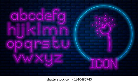 Glowing neon Flower producing pollen in atmosphere icon isolated on brick wall background. Neon light alphabet. Vector Illustration