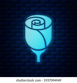 Glowing neon Flower rose icon isolated on brick wall background.  Vector