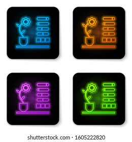 Glowing neon Flower status icon isolated on white background. Black square button. Vector Illustration