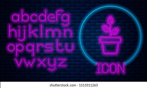 Glowing neon Flowers in pot icon isolated on brick wall background. Plant growing in a pot. Potted plant sign. Neon light alphabet. Vector Illustration