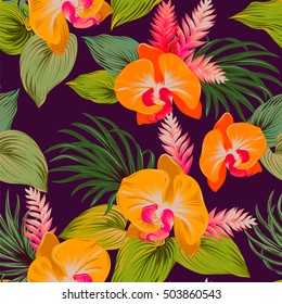 glowing neon fluoprescent design with natural orchids. Detailed editable vector illustration. Orange exotic flowers on dark background.