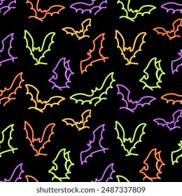 Patrón sin fisuras de murciélagos voladores de neón brillante. Estampado de halloween moderno. Ideal para textil, tela, Fondo de pantalla, embalaje, álbum de recortes y embalaje